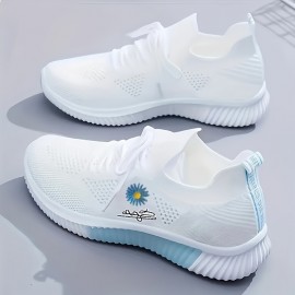 Tenis Leves e Respiráveis para Mulheres com Bordado de Flores em Branco e Rosa - Solado Antiderrapante em PVC, Forro Macio para Conforto Durante o Dia Todo, Ideal para Uso Casual e Atividades ao Ar Livre