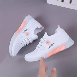 Tenis Leves e Respiráveis para Mulheres com Bordado de Flores em Branco e Rosa - Solado Antiderrapante em PVC, Forro Macio para Conforto Durante o Dia Todo, Ideal para Uso Casual e Atividades ao Ar Livre