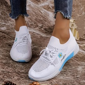 Tenis Leves e Respiráveis para Mulheres com Bordado de Flores em Branco e Rosa - Solado Antiderrapante em PVC, Forro Macio para Conforto Durante o Dia Todo, Ideal para Uso Casual e Atividades ao Ar Livre