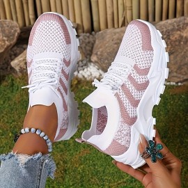 Sapatos Esportivos De Malha Elegante Para Mulheres, Tênis De Plataforma Baixa Com Bloco De Cores Casuais, Respiráveis E Leves, Confortáveis Para Uso Ao Ar Livre Em Tamanhos Maiores.