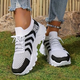 Sapatos Esportivos De Malha Elegante Para Mulheres, Tênis De Plataforma Baixa Com Bloco De Cores Casuais, Respiráveis E Leves, Confortáveis Para Uso Ao Ar Livre Em Tamanhos Maiores.