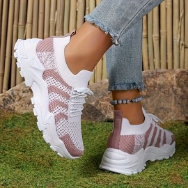 Sapatos Esportivos De Malha Elegante Para Mulheres, Tênis De Plataforma Baixa Com Bloco De Cores Casuais, Respiráveis E Leves, Confortáveis Para Uso Ao Ar Livre Em Tamanhos Maiores.