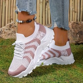 Sapatos Esportivos De Malha Elegante Para Mulheres, Tênis De Plataforma Baixa Com Bloco De Cores Casuais, Respiráveis E Leves, Confortáveis Para Uso Ao Ar Livre Em Tamanhos Maiores.