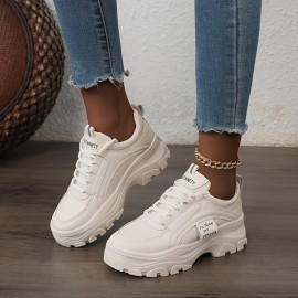 Sneakers Baixos Sensuais Femininos - Sapatos Casuais Brancos com Capa Falsa e Sola Grossa, Design de Cadarço & Bico Redondo para Todas as Estações