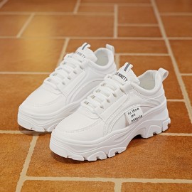 Sneakers Baixos Sensuais Femininos - Sapatos Casuais Brancos com Capa Falsa e Sola Grossa, Design de Cadarço & Bico Redondo para Todas as Estações