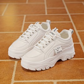 Sneakers Baixos Sensuais Femininos - Sapatos Casuais Brancos com Capa Falsa e Sola Grossa, Design de Cadarço & Bico Redondo para Todas as Estações