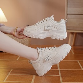 Sneakers Baixos Sensuais Femininos - Sapatos Casuais Brancos com Capa Falsa e Sola Grossa, Design de Cadarço & Bico Redondo para Todas as Estações