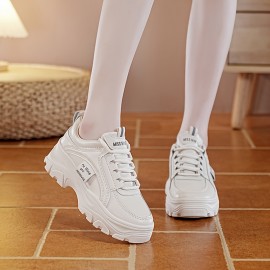 Sneakers Baixos Sensuais Femininos - Sapatos Casuais Brancos com Capa Falsa e Sola Grossa, Design de Cadarço & Bico Redondo para Todas as Estações