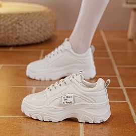 Sneakers Baixos Sensuais Femininos - Sapatos Casuais Brancos com Capa Falsa e Sola Grossa, Design de Cadarço & Bico Redondo para Todas as Estações