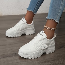 Sneakers Baixos Sensuais Femininos - Sapatos Casuais Brancos com Capa Falsa e Sola Grossa, Design de Cadarço & Bico Redondo para Todas as Estações