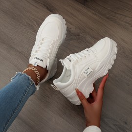 Sneakers Baixos Sensuais Femininos - Sapatos Casuais Brancos com Capa Falsa e Sola Grossa, Design de Cadarço & Bico Redondo para Todas as Estações