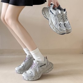 Sapatos de pai para mulheres - Parte superior em tecido respirável, sola macia e acolchoada, ténis leves de cano baixo para conforto em todas as estações, uso casual e ao ar livre, design branco e roxo, ténis femininos