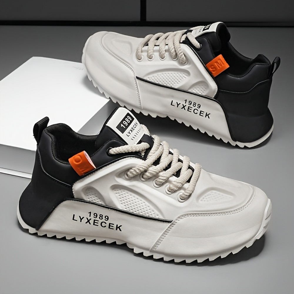 Tenis Casuais Masculinos Plus Size - Combinação de Cores Branco e Preto com Detalhes Laranja, Cabedal em PU & Sola PVC para Tração em Todas as Estações, Forro Respirável - Versáteis para o Dia a Dia, Outdoor e Streetwear, Sapatos Tenis, Calçado Allseason,
