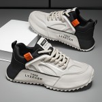 Tenis Casuais Masculinos Plus Size - Combinação de Cores Branco e Preto com Detalhes Laranja, Cabedal em PU & Sola PVC para Tração em Todas as Estações, Forro Respirável - Versáteis para o Dia a Dia, Outdoor e Streetwear, Sapatos Tenis, Calçado Allseason,