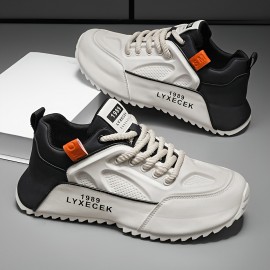 Tenis Casuais Masculinos Plus Size - Combinação de Cores Branco e Preto com Detalhes Laranja, Cabedal em PU & Sola PVC para Tração em Todas as Estações, Forro Respirável - Versáteis para o Dia a Dia, Outdoor e Streetwear, Sapatos Tenis, Calçado Allseason,
