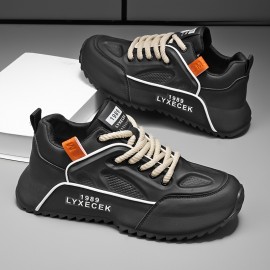 Tenis Casuais Masculinos Plus Size - Combinação de Cores Branco e Preto com Detalhes Laranja, Cabedal em PU & Sola PVC para Tração em Todas as Estações, Forro Respirável - Versáteis para o Dia a Dia, Outdoor e Streetwear, Sapatos Tenis, Calçado Allseason,