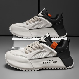 Tenis Casuais Masculinos Plus Size - Combinação de Cores Branco e Preto com Detalhes Laranja, Cabedal em PU & Sola PVC para Tração em Todas as Estações, Forro Respirável - Versáteis para o Dia a Dia, Outdoor e Streetwear, Sapatos Tenis, Calçado Allseason,