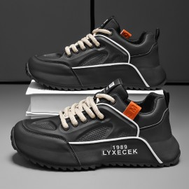 Tenis Casuais Masculinos Plus Size - Combinação de Cores Branco e Preto com Detalhes Laranja, Cabedal em PU & Sola PVC para Tração em Todas as Estações, Forro Respirável - Versáteis para o Dia a Dia, Outdoor e Streetwear, Sapatos Tenis, Calçado Allseason,