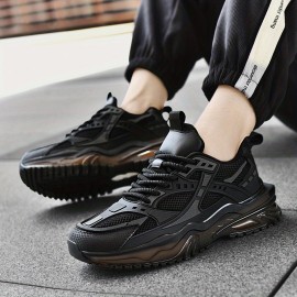 Sapatos de pai em malha para homem 38-46 - Tamanho grande, ténis de corrida respiráveis com absorção de choque, leves e confortáveis, design versátil de baixo corte em preto/bege/branco, sola de borracha, fecho de atacadores, sapatos confortáveis para cam