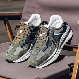 Tenis Masculinos de Sola Grossa Retrô - Aumento de Altura com Solado Antiderrapante e Amortecedor em PVC, Design Vintage Envelhecido à Mão, Cano Baixo Resistente para Uso Casual e Esportivo