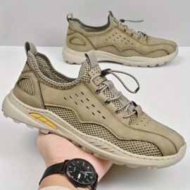 Tenis Esportivos Masculinos Leves e Respiráveis de Malha - Sapatilhas Casuais Baixas com Cadarços Elásticos, Bico Redondo & Solado de Borracha Durável para Condução ao Ar Livre, Caminhada, Primavera Verão - Bege, Sapatos Sneakers, Calçados para Hiking