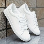 Sneakers Clássicos Masculinos - Sapatos Casuais Confortáveis com Cadarço, Estilo Esportivo Simples, Moda Versátil, Opções em Preto e Branco Disponíveis, Parte Superior em PU e Sola em PVC, Leves e Duráveis para Vestuário Casual
