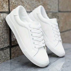 Sneakers Clássicos Masculinos - Sapatos Casuais Confortáveis com Cadarço, Estilo Esportivo Simples, Moda Versátil, Opções em Preto e Branco Disponíveis, Parte Superior em PU e Sola em PVC, Leves e Duráveis para Vestuário Casual