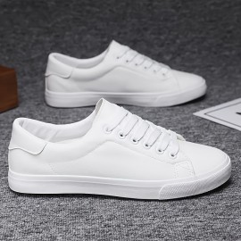 Sneakers Clássicos Masculinos - Sapatos Casuais Confortáveis com Cadarço, Estilo Esportivo Simples, Moda Versátil, Opções em Preto e Branco Disponíveis, Parte Superior em PU e Sola em PVC, Leves e Duráveis para Vestuário Casual
