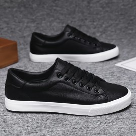 Sneakers Clássicos Masculinos - Sapatos Casuais Confortáveis com Cadarço, Estilo Esportivo Simples, Moda Versátil, Opções em Preto e Branco Disponíveis, Parte Superior em PU e Sola em PVC, Leves e Duráveis para Vestuário Casual