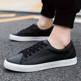 Sneakers Clássicos Masculinos - Sapatos Casuais Confortáveis com Cadarço, Estilo Esportivo Simples, Moda Versátil, Opções em Preto e Branco Disponíveis, Parte Superior em PU e Sola em PVC, Leves e Duráveis para Vestuário Casual