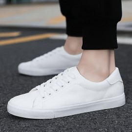 Sneakers Clássicos Masculinos - Sapatos Casuais Confortáveis com Cadarço, Estilo Esportivo Simples, Moda Versátil, Opções em Preto e Branco Disponíveis, Parte Superior em PU e Sola em PVC, Leves e Duráveis para Vestuário Casual