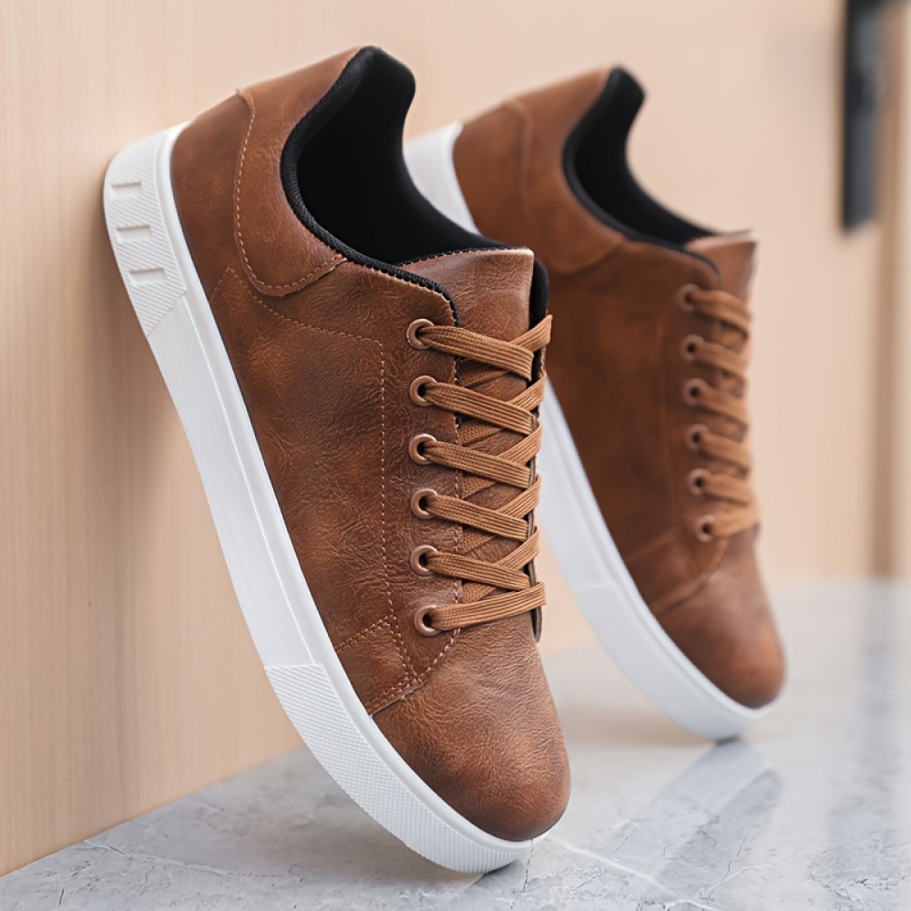 Urban Explorer| Tênis de Skate Marrom Vintage Plus Size Masculino - Cano Baixo, Confortáveis, Antiderrapantes e Duráveis com Cadarço e Sola de Borracha Branca para Atividades ao Ar Livre, Sapatos de Todos os Dias|Tênis Versáteis|Solas Duráveis