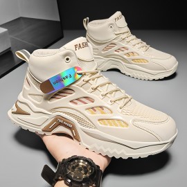 Sapatos casuais masculinos, Novos tênis esportivos de malha versáteis de cano alto, Solas grossas masculinas, Sapatos brancos pequenos de altura alta