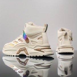 Sapatos casuais masculinos, Novos tênis esportivos de malha versáteis de cano alto, Solas grossas masculinas, Sapatos brancos pequenos de altura alta
