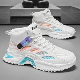 Sapatos casuais masculinos, Novos tênis esportivos de malha versáteis de cano alto, Solas grossas masculinas, Sapatos brancos pequenos de altura alta