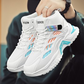 Sapatos casuais masculinos, Novos tênis esportivos de malha versáteis de cano alto, Solas grossas masculinas, Sapatos brancos pequenos de altura alta