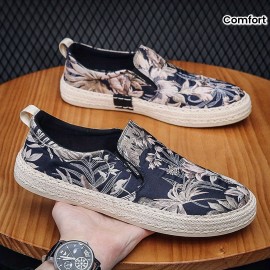 Calçado Masculino Sem Cadarço - Lona Respirável com Estampa Floral Tropical, Sola Confortável, Estilo Baixo