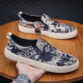 Calçado Masculino Sem Cadarço - Lona Respirável com Estampa Floral Tropical, Sola Confortável, Estilo Baixo