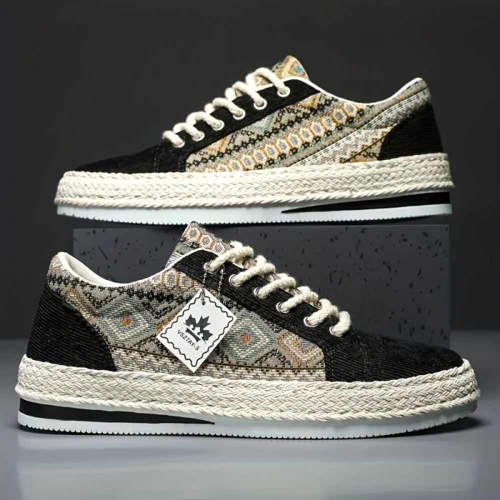 Calçado de Lona Masculino - Design Geométrico Estiloso, Sapatos Casuais com Cadarço e Sola de Espadrille para Atividades ao Ar Livre e Uso Diário