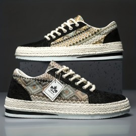 Calçado de Lona Masculino - Design Geométrico Estiloso, Sapatos Casuais com Cadarço e Sola de Espadrille para Atividades ao Ar Livre e Uso Diário