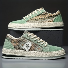 Calçado de Lona Masculino - Design Geométrico Estiloso, Sapatos Casuais com Cadarço e Sola de Espadrille para Atividades ao Ar Livre e Uso Diário