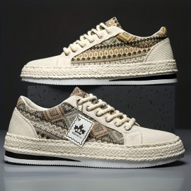 Calçado de Lona Masculino - Design Geométrico Estiloso, Sapatos Casuais com Cadarço e Sola de Espadrille para Atividades ao Ar Livre e Uso Diário