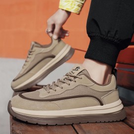 Tenis de Corrida Masculino com Plataforma Grossa - Bege/Marrom, Sola Antiderrapante e Palmilha Acolchoada em PU para Academia, Caminhada, Uso Diário - Design Leve e Respirável, Calçado Esportivo Casual, Solas Duráveis e Estilo Despojado