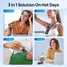 Ventilador de Pescoço Ultra Silencioso Portátil com Cordão - Design 3 em 1: Resfriamento a Gelo e Turbo, 13550 RPM, Bateria Recarregável até 20H, Display LCD, 60°F em 60s | Ventilador USB para Viagens, Acampamentos e Ar Livre - Preto/Rosa, Presente para H