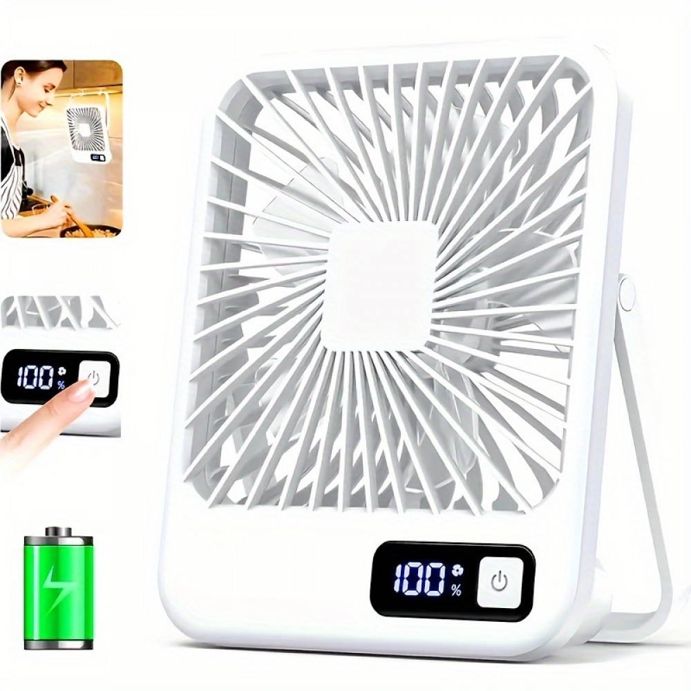 Ventilador de mesa portátil recarregável por USB com bateria de 3000mAh - Design ultra-silencioso de 5 velocidades ajustáveis, dobrável a 180°, visor de energia digital, material acrílico para casa, escritório, viagem, dispositivo de resfriamento versátil