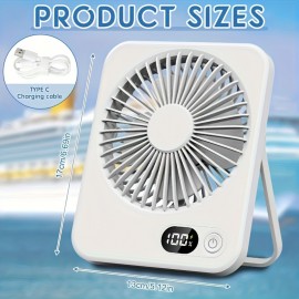 Ventilador de mesa portátil recarregável por USB com bateria de 3000mAh - Design ultra-silencioso de 5 velocidades ajustáveis, dobrável a 180°, visor de energia digital, material acrílico para casa, escritório, viagem, dispositivo de resfriamento versátil