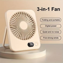 Ventilador de mesa portátil recarregável por USB com bateria de 3000mAh - Design ultra-silencioso de 5 velocidades ajustáveis, dobrável a 180°, visor de energia digital, material acrílico para casa, escritório, viagem, dispositivo de resfriamento versátil