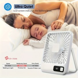 Ventilador de mesa portátil recarregável por USB com bateria de 3000mAh - Design ultra-silencioso de 5 velocidades ajustáveis, dobrável a 180°, visor de energia digital, material acrílico para casa, escritório, viagem, dispositivo de resfriamento versátil