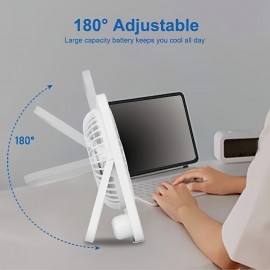 Ventilador de mesa portátil recarregável por USB com bateria de 3000mAh - Design ultra-silencioso de 5 velocidades ajustáveis, dobrável a 180°, visor de energia digital, material acrílico para casa, escritório, viagem, dispositivo de resfriamento versátil