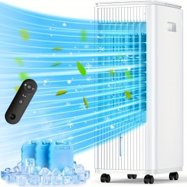 Resfriador de Ar Evaporativo Portátil 3-em-1 Sem Janela com Tanques Duplos, 3 Pacotes de Gelo & Temporizador Inteligente - Resfriador de Pântano de 60W e 25 Polegadas, Oscilação de 70°, 3 Velocidades para Quartos, Escritórios, Aparelho Moderno, Corpo em P